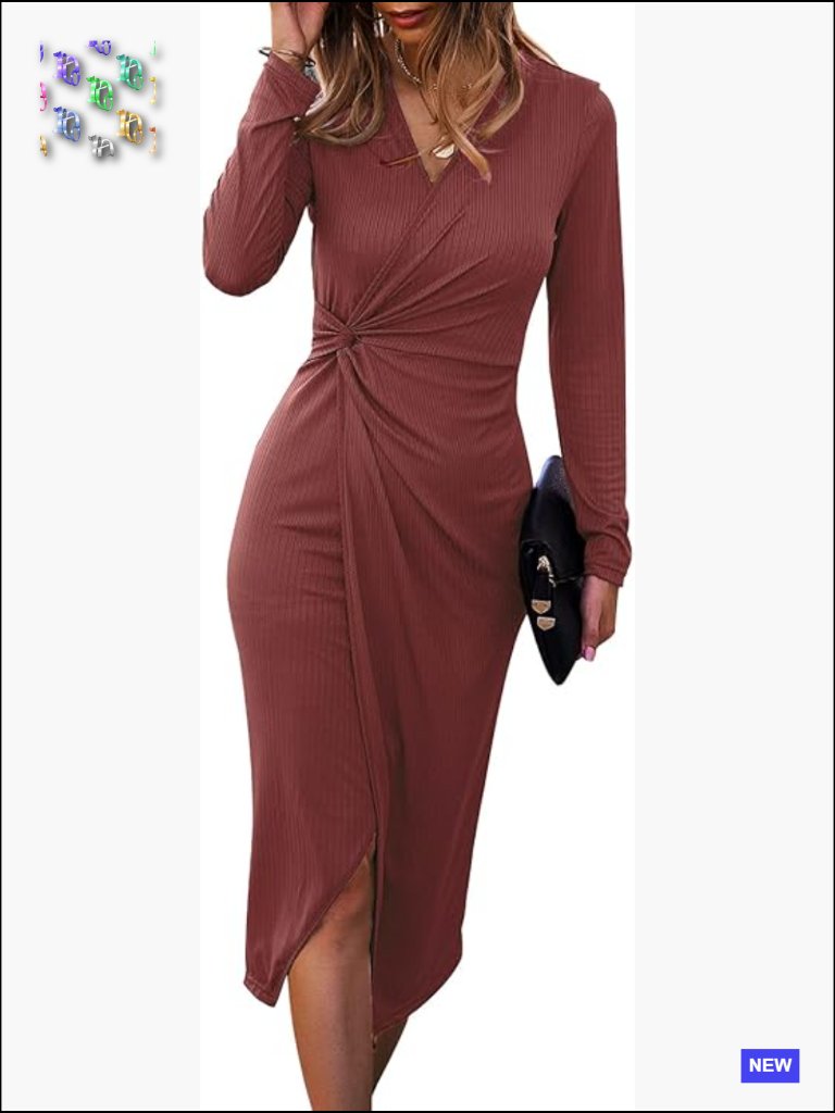 Long Sleeve Twist Front Midi Bodycon Dress V Neck Ribbed Knit Side Slit Party